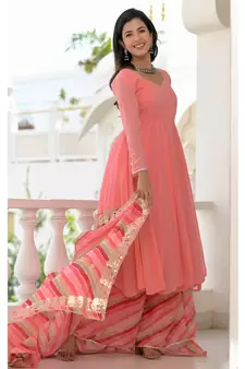 peach anarkali palazzo dupatta set