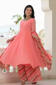 peach anarkali palazzo dupatta set