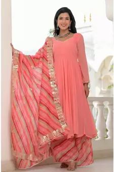 peach anarkali palazzo dupatta set