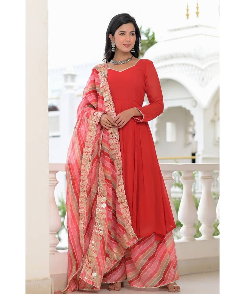 Red anarkali palazzo dupatta set