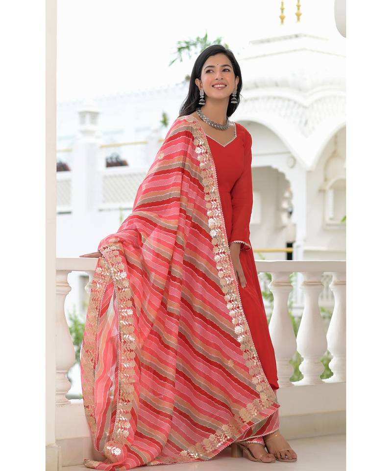 Red anarkali palazzo dupatta set