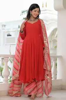 Red anarkali palazzo dupatta set