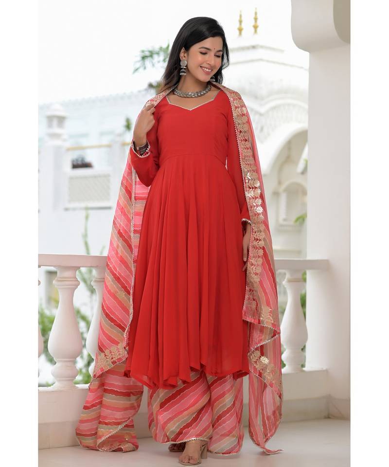 Red anarkali palazzo dupatta set