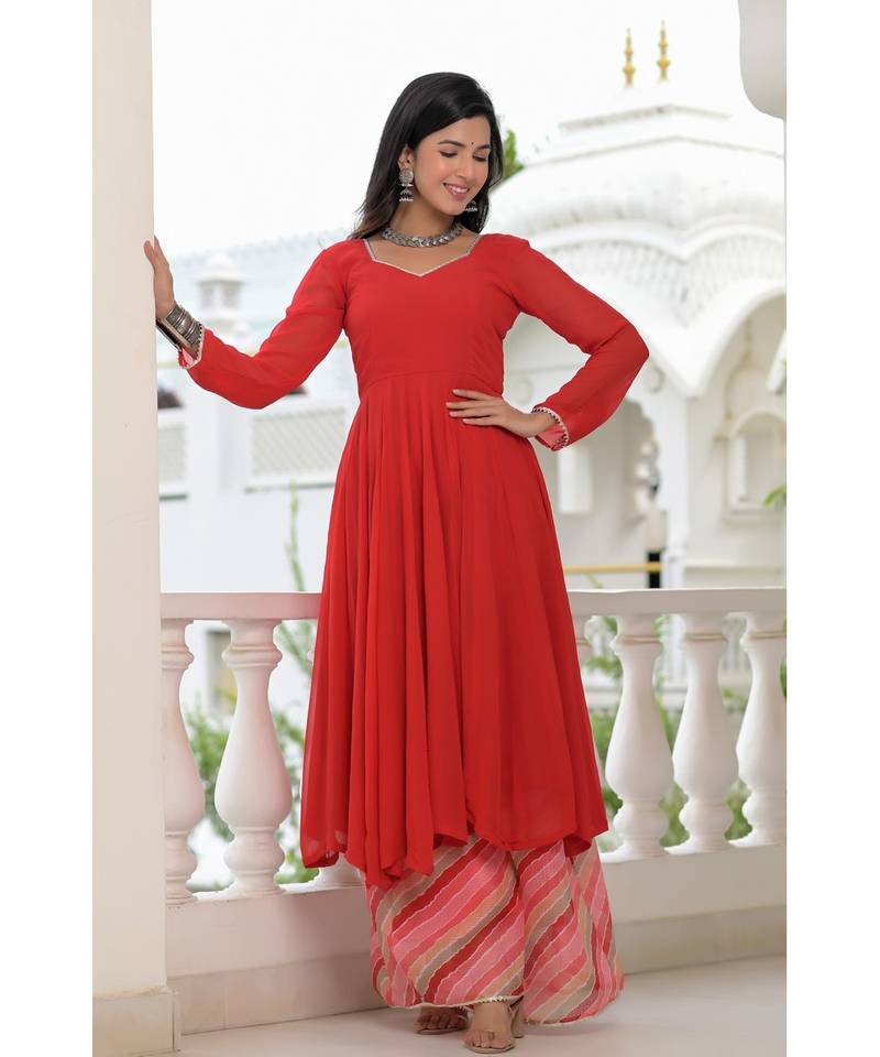Red anarkali palazzo dupatta set