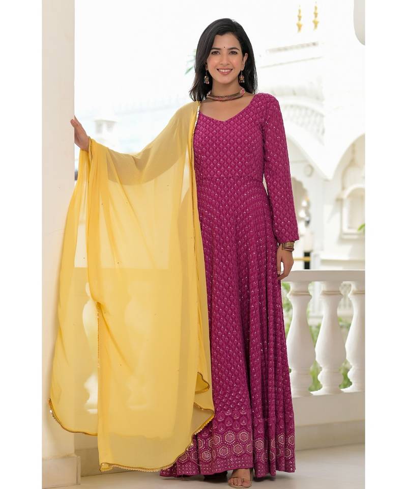 wine chikankari anarkali set