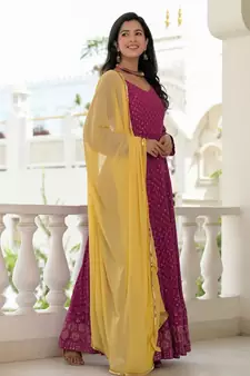 wine chikankari anarkali set