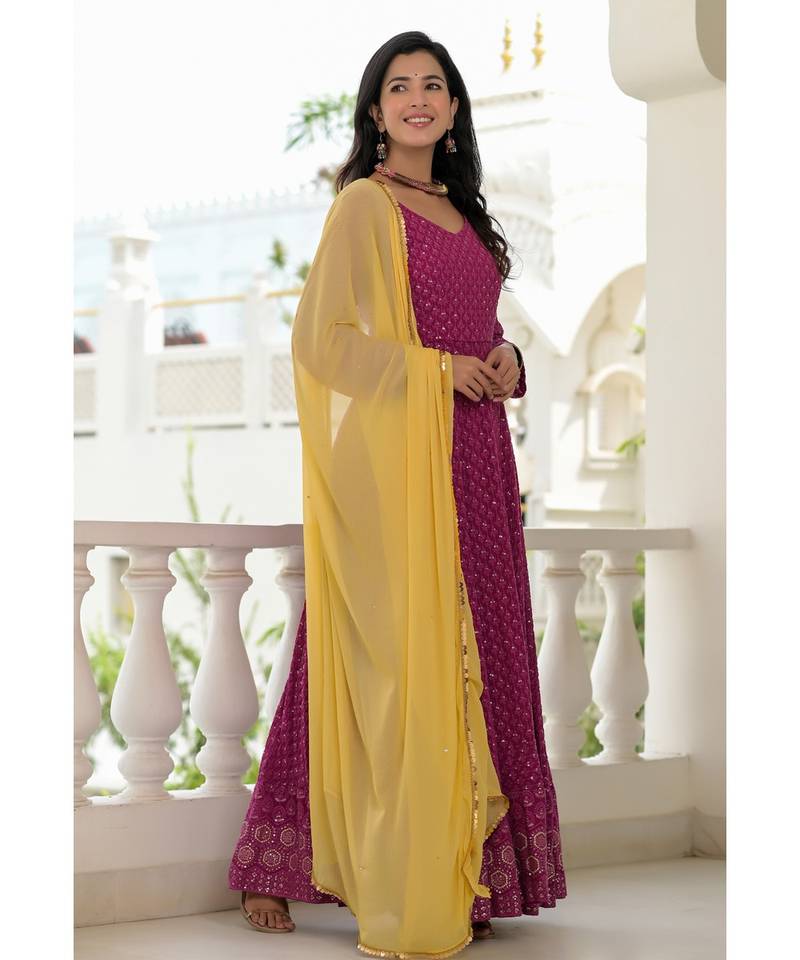 wine chikankari anarkali set