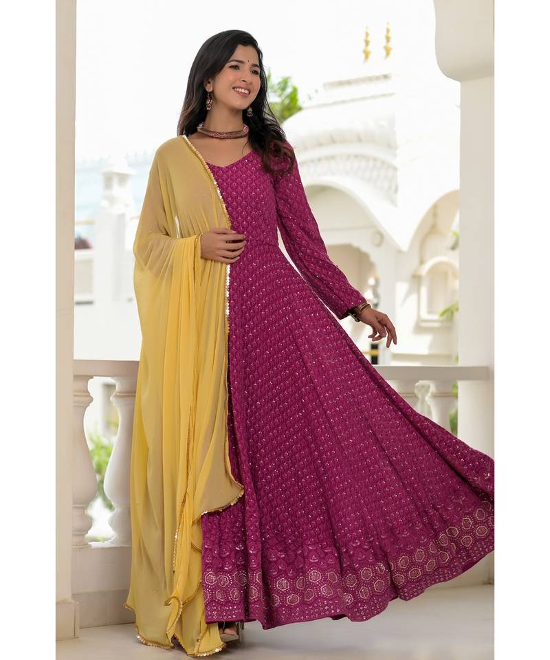 wine chikankari anarkali set