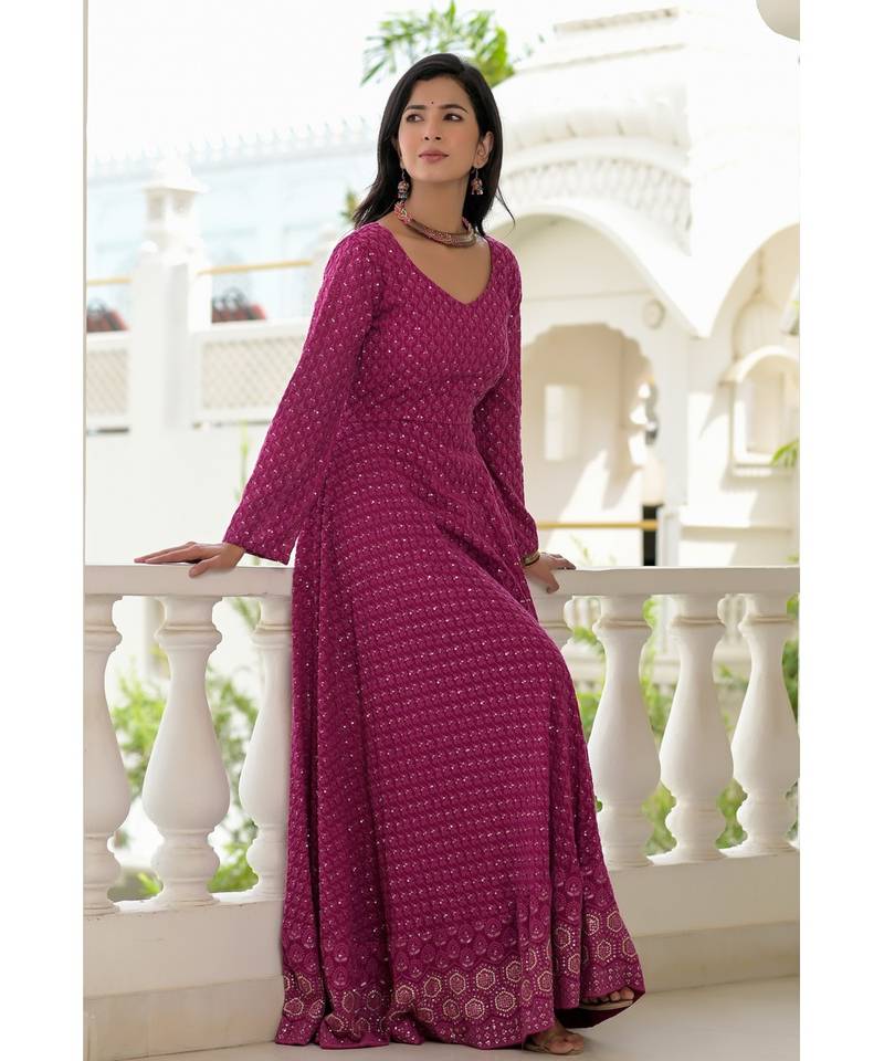 wine chikankari anarkali set