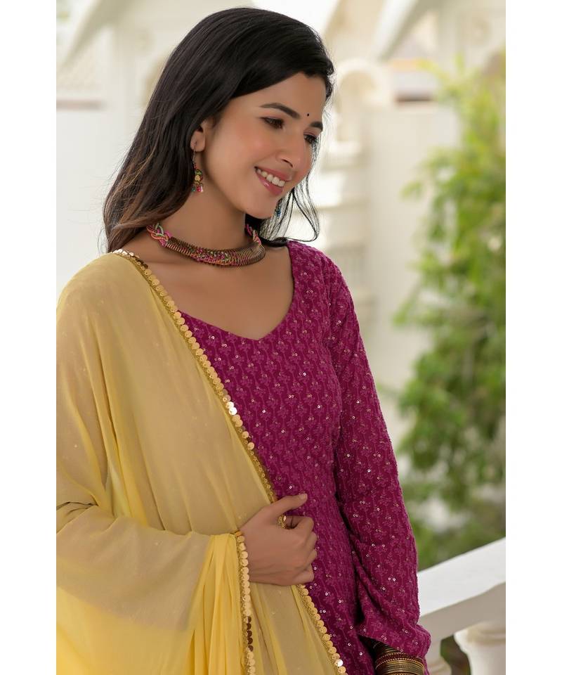 wine chikankari anarkali set