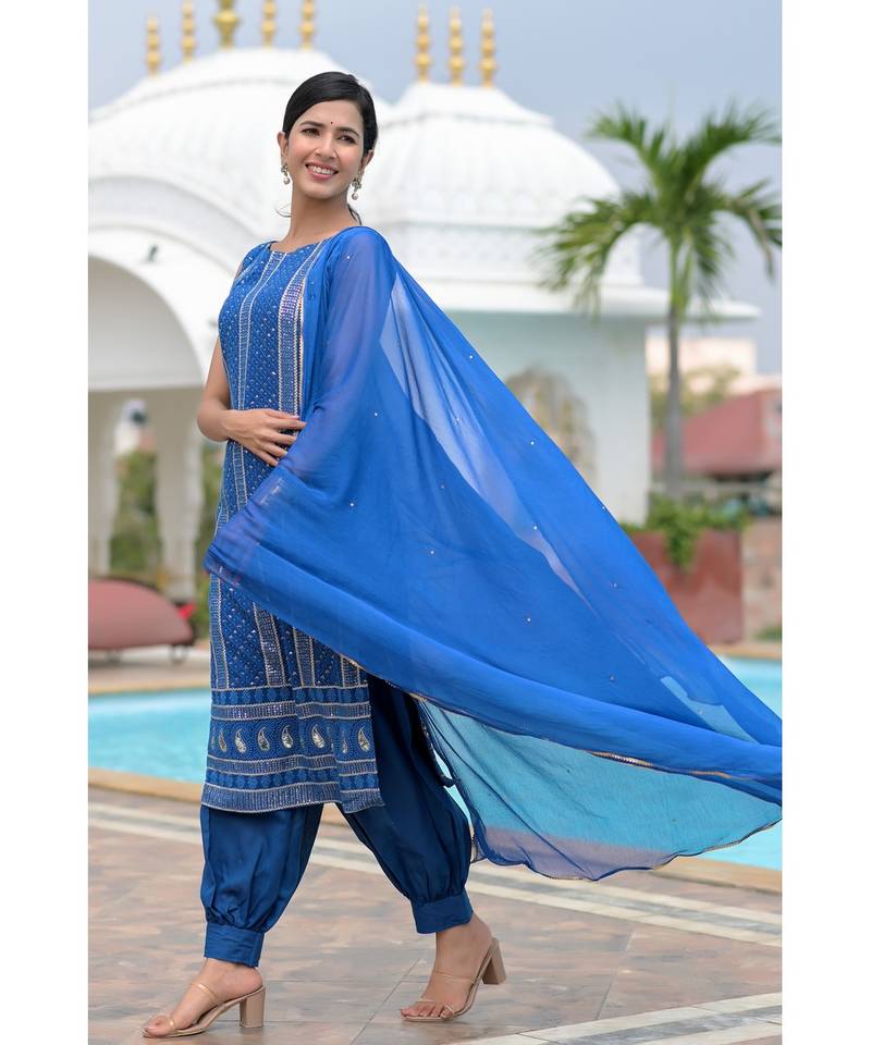 Blue chikankari kurti set