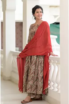 red kalamkari anarkali set