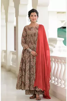 red kalamkari anarkali set