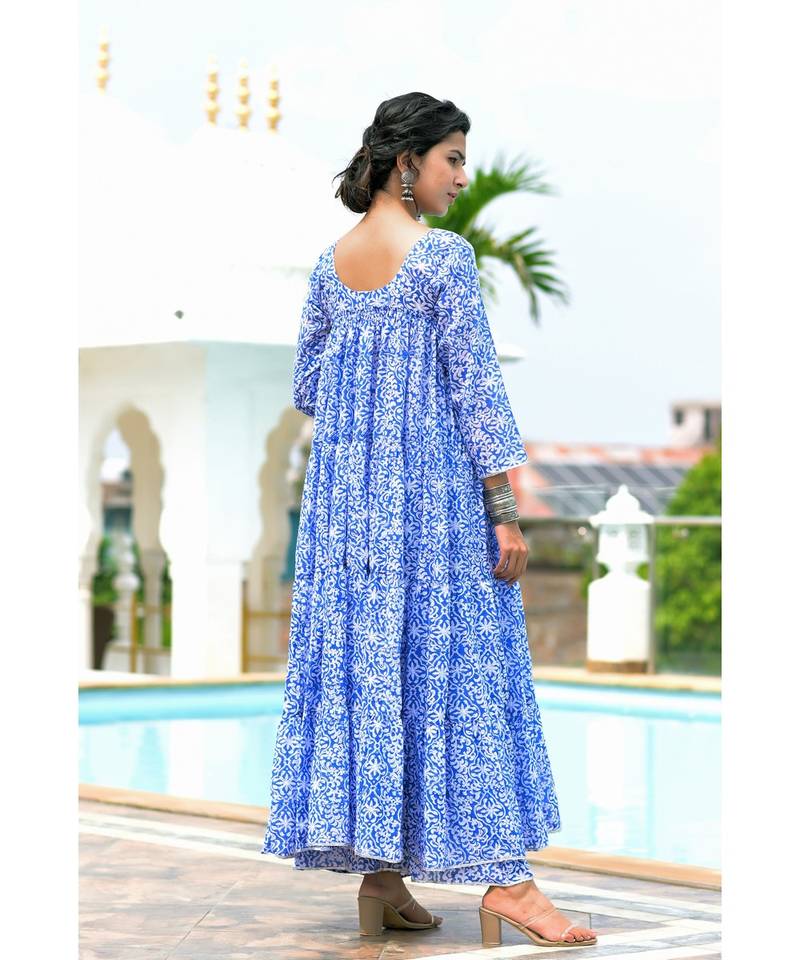 Blue block print anarkali set