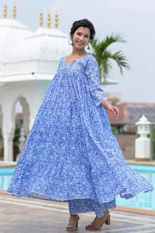 Blue block print anarkali set