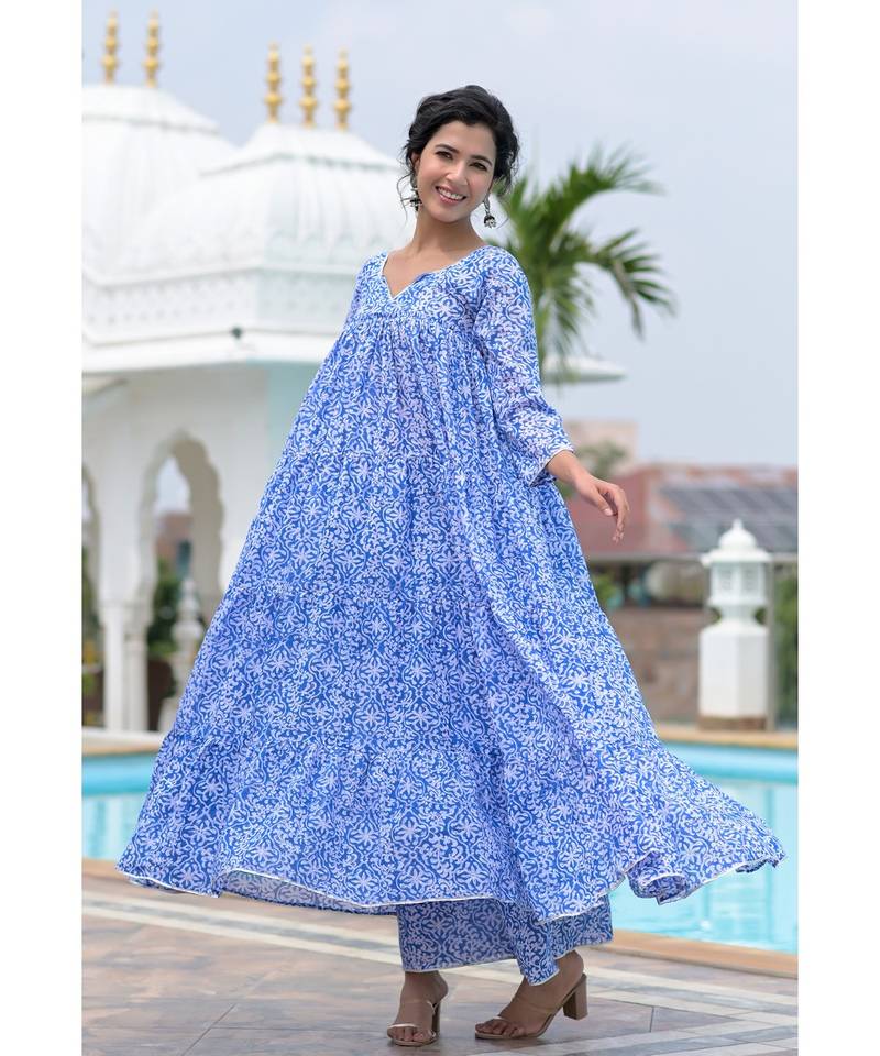 Blue block print anarkali set