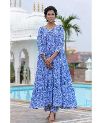 Blue block print anarkali set 5