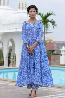 Blue block print anarkali set