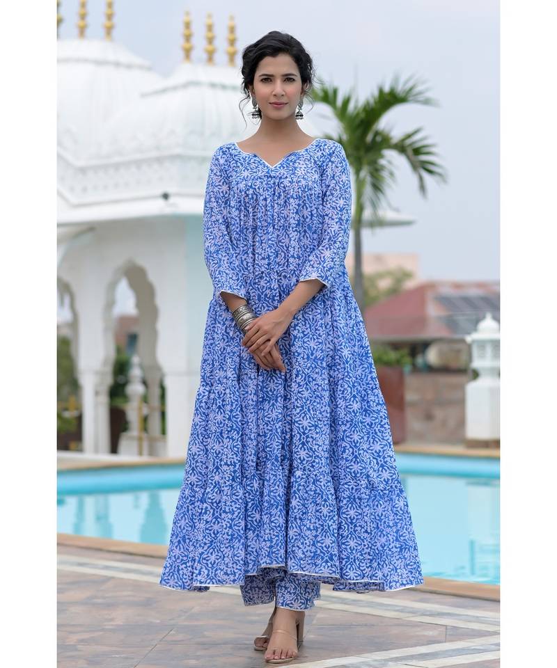 Blue block print anarkali set