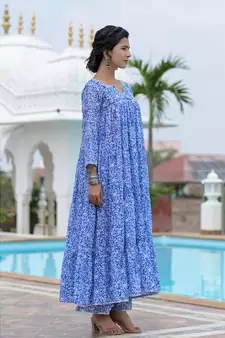 Blue block print anarkali set