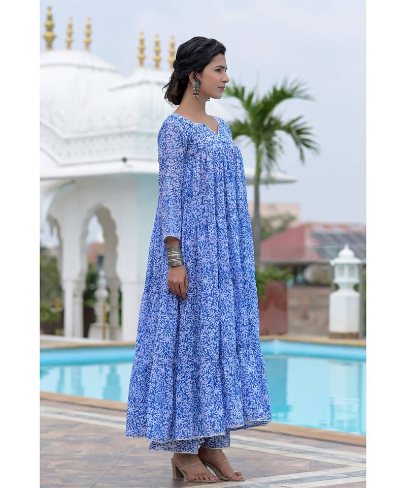 Blue block print anarkali set