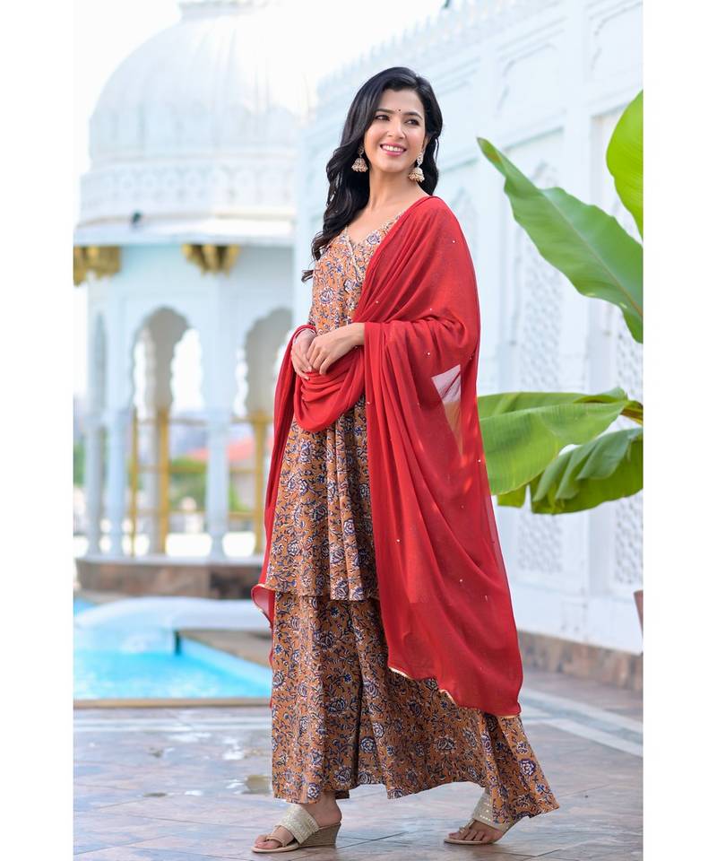 RED & BROWN ANGRAKHA PALAZZO SET
