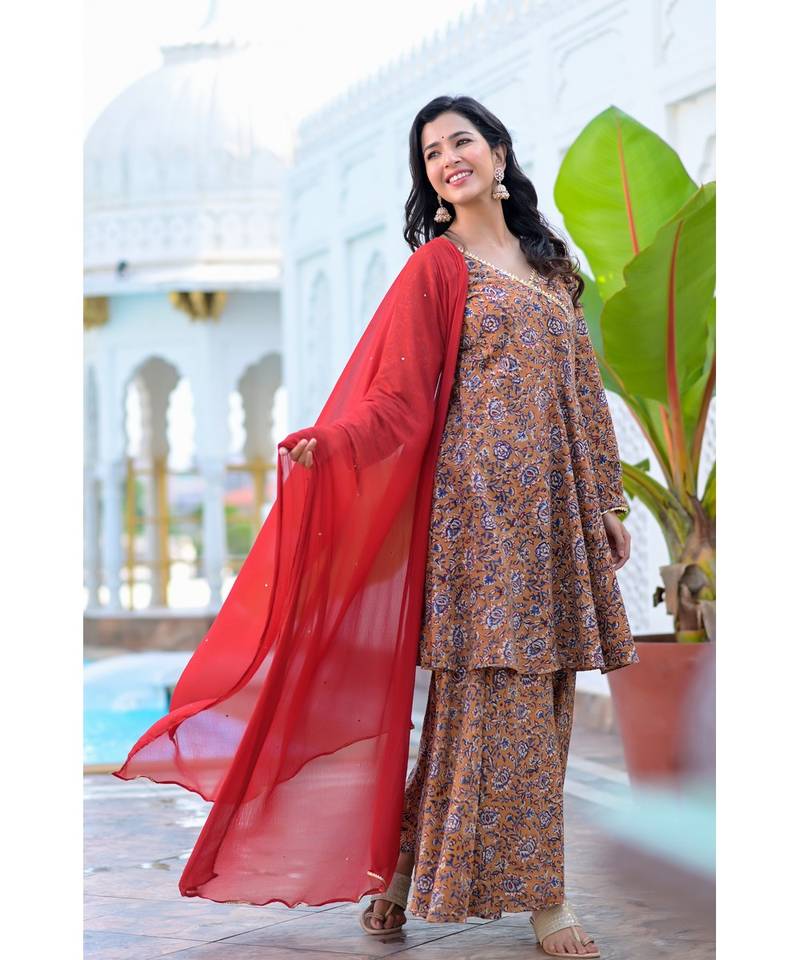 RED & BROWN ANGRAKHA PALAZZO SET