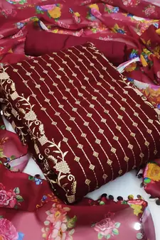 Kimisha Women's Maroon Georgette Embroidered Work Unstitched Dress Material