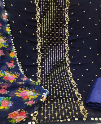 Kimisha Women's Navy Blue Georgette Embroidered Work Unstitched Dress Material 2