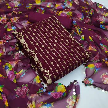 Kimisha Women's Wine Georgette Embroidered Work Unstitched Dress Material 1