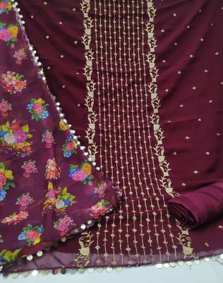 Kimisha Women's Wine Georgette Embroidered Work Unstitched Dress Material 2