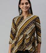 SheWill Women's Mustard Abstract Printed Fit & Flare Cotton Blend Top