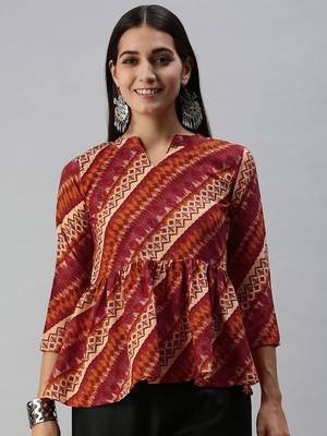 SheWill Women's Maroon Abstract Printed Fit & Flare Cotton Blend Top 1