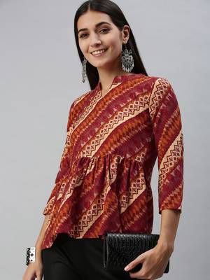 SheWill Women's Maroon Abstract Printed Fit & Flare Cotton Blend Top 2