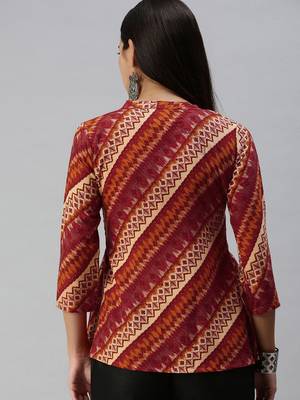 SheWill Women's Maroon Abstract Printed Fit & Flare Cotton Blend Top 3