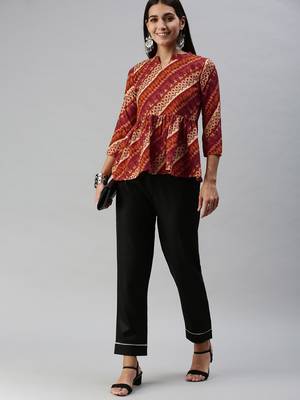 SheWill Women's Maroon Abstract Printed Fit & Flare Cotton Blend Top 4