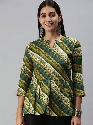 SheWill Women's Green Abstract Printed Fit & Flare Cotton Blend Top 1