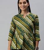 SheWill Women's Green Abstract Printed Fit & Flare Cotton Blend Top