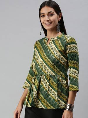 SheWill Women's Green Abstract Printed Fit & Flare Cotton Blend Top 2