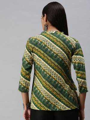 SheWill Women's Green Abstract Printed Fit & Flare Cotton Blend Top 3