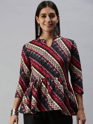 SheWill Women's Red Abstract Printed Fit & Flare Cotton Blend Top 1