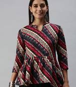 SheWill Women's Red Abstract Printed Fit & Flare Cotton Blend Top