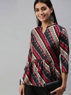SheWill Women's Red Abstract Printed Fit & Flare Cotton Blend Top 2