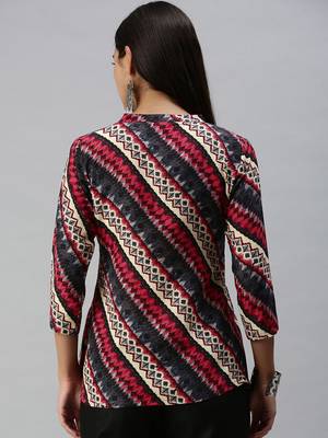 SheWill Women's Red Abstract Printed Fit & Flare Cotton Blend Top 3
