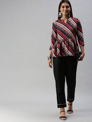 SheWill Women's Red Abstract Printed Fit & Flare Cotton Blend Top 4