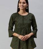 SheWill Women's Green Bandhani Print Fit & Flare Cotton Blend Top with Bell Sleeves