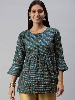 SheWill Women's Teal Bandhani Print Fit & Flare Cotton Blend Top with Bell Sleeves 1