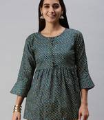 SheWill Women's Teal Bandhani Print Fit & Flare Cotton Blend Top with Bell Sleeves
