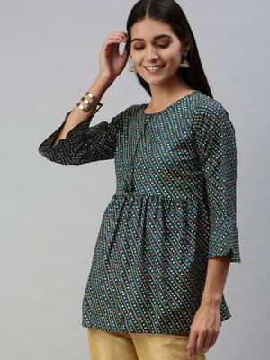 SheWill Women's Teal Bandhani Print Fit & Flare Cotton Blend Top with Bell Sleeves 2