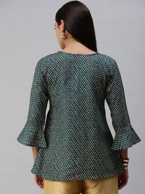 SheWill Women's Teal Bandhani Print Fit & Flare Cotton Blend Top with Bell Sleeves 3
